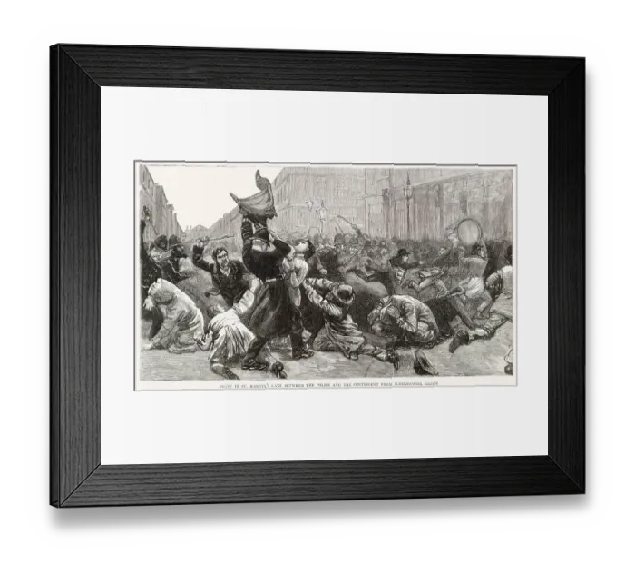 Framed Print : Flight in St. Martin's Lane between the police and the contingent from Clerkenwell Green. Police meet rioters and dispersed a procession marching from Clerkenwell Green, the struggle was severe while it lasted Framed Print : Flight in St. Martin's Lane between the police and the contingent from Clerkenwell Green. Police meet rioters and dispersed a procession marching from Clerkenwell Green, the struggle was severe while it lasted