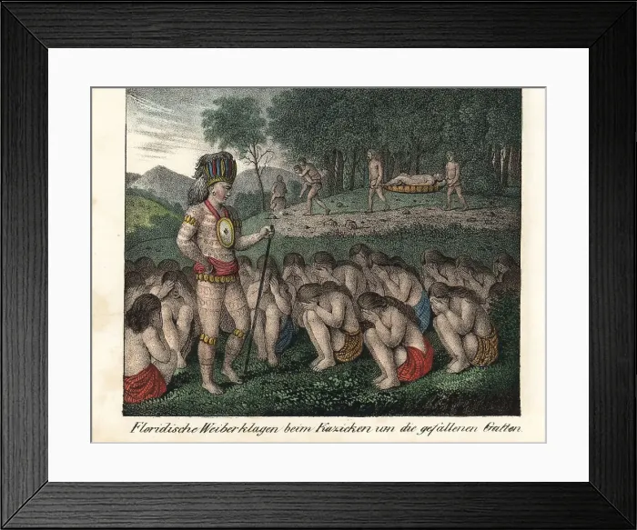 Framed Print : Florida women crouch before a rival chief after a battle Framed Print : Florida women crouch before a rival chief after a battle