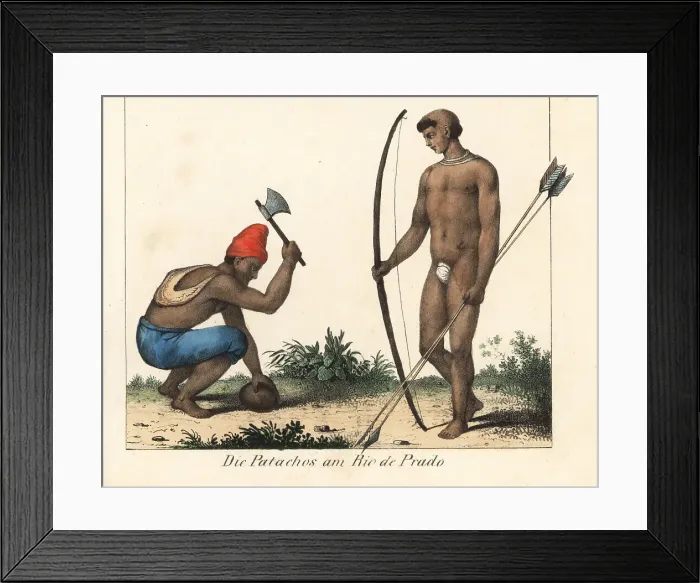 Framed Print : Patachos man opening a coconut, and hunter Framed Print : Patachos man opening a coconut, and hunter