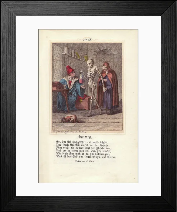Framed Print : Death holds out a urinal to a Physician caring Framed Print : Death holds out a urinal to a Physician caring