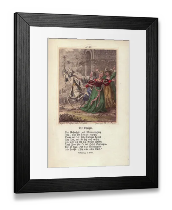 Framed Print : Death as a jester drags away the Queen as she Framed Print : Death as a jester drags away the Queen as she