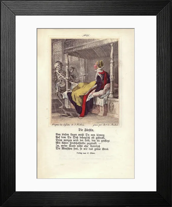 Framed Print : Two figures of Death come for a Duchess sitting up in bed Framed Print : Two figures of Death come for a Duchess sitting up in bed