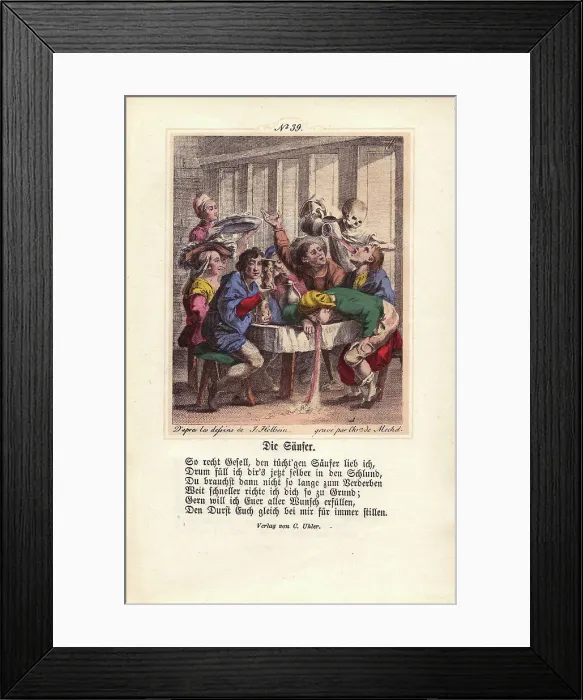 Framed Print : Death pulls back a Drunkard's head and pours Framed Print : Death pulls back a Drunkard's head and pours