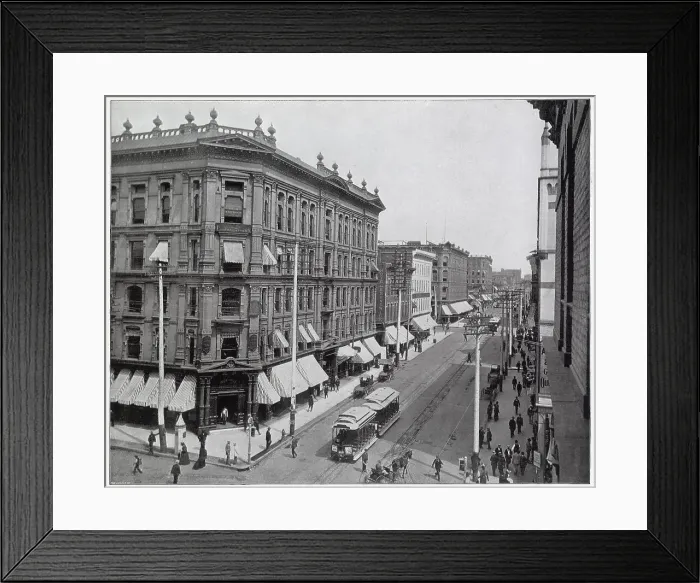 Framed Print : Larimer Street, Denver, the main thoroughfares in the city. Just 37 years after the first cabin was erected on the site of Denver in 1858. Date: circa 1895 Framed Print : Larimer Street, Denver, the main thoroughfares in the city. Just 37 years after the first cabin was erected on the site of Denver in 1858. Date: circa 1895