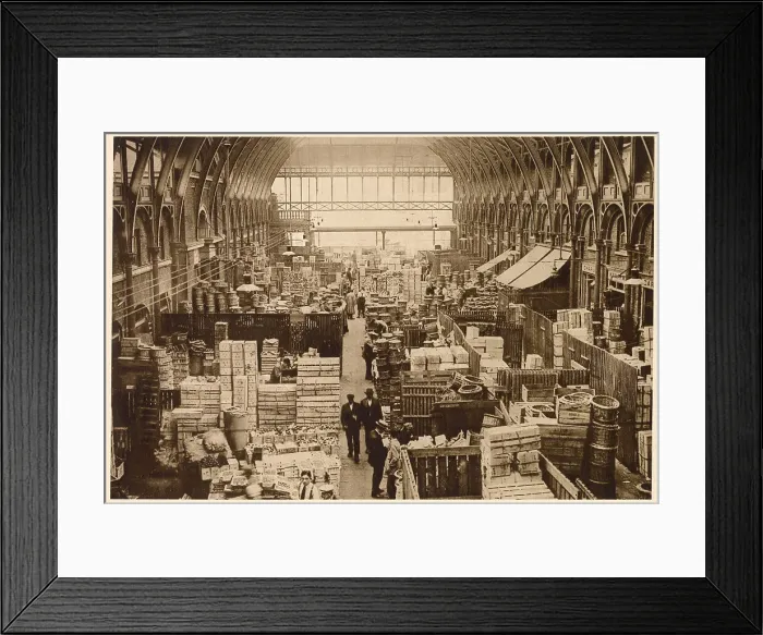 Framed Print : Stalls with wooden partitions selling fresh fruit wholesale. Date: 1937 Framed Print : Stalls with wooden partitions selling fresh fruit wholesale. Date: 1937