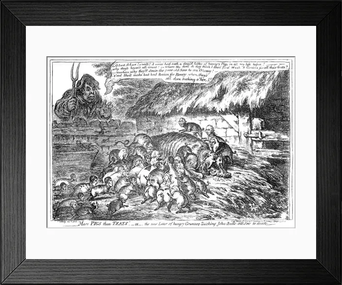 Framed Print : Cartoon, More Pigs than Teats Framed Print : Cartoon, More Pigs than Teats