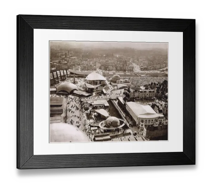 Framed Print : Aerial photograph taken from one of the spheres of the giant Atomium at the Universal and International Exhibition of the Atomic Age. Date: May 1958 Framed Print : Aerial photograph taken from one of the spheres of the giant Atomium at the Universal and International Exhibition of the Atomic Age. Date: May 1958
