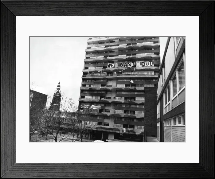 Framed Print : High rise tower block with banners, Clapham, London Framed Print : High rise tower block with banners, Clapham, London