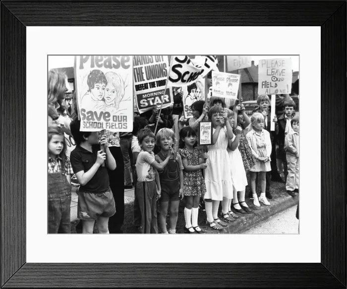 Framed Print : Children demonstrating to save school playing fields Framed Print : Children demonstrating to save school playing fields