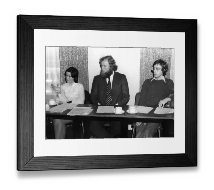 Framed Print : NUS President Charles Clarke with two students Framed Print : NUS President Charles Clarke with two students