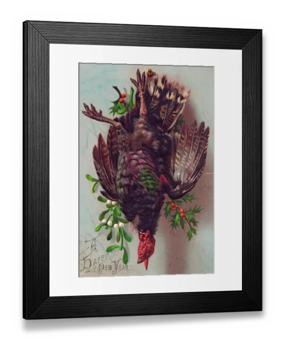 Framed Print : Turkey with holly and mistletoe on a New Year card Framed Print : Turkey with holly and mistletoe on a New Year card