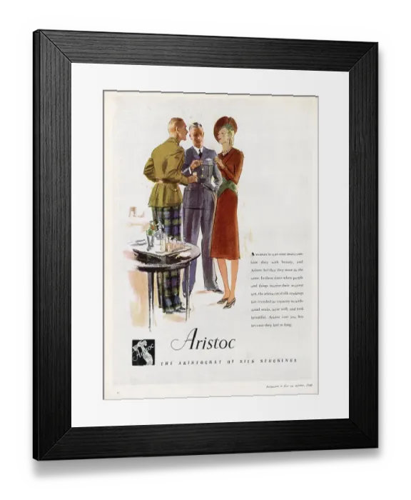 Framed Print : Advertisement for Aristoc silk stockings. An elegant woman talking and enjoying a drink with two officers. The advertisement reads: A woman in war-time must combine duty with beauty, and Aristoc feel that they must do the same Framed Print : Advertisement for Aristoc silk stockings. An elegant woman talking and enjoying a drink with two officers. The advertisement reads: A woman in war-time must combine duty with beauty, and Aristoc feel that they must do the same