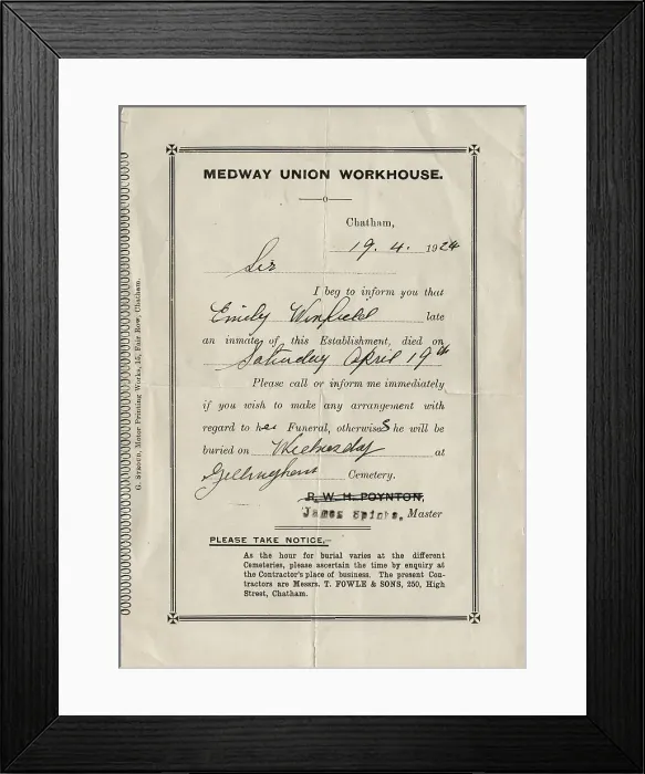 Framed Print : Medway Union Workhouse Death Notice Framed Print : Medway Union Workhouse Death Notice