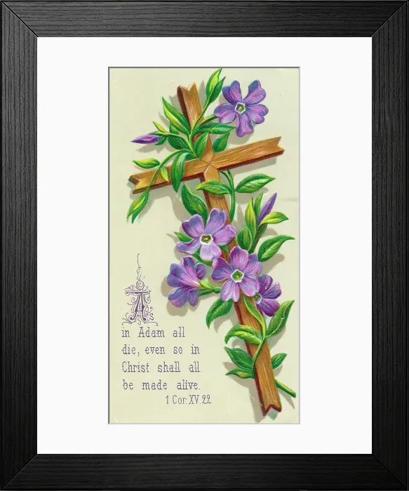 Framed Print : Purple flowers and a cross on an Easter card Framed Print : Purple flowers and a cross on an Easter card