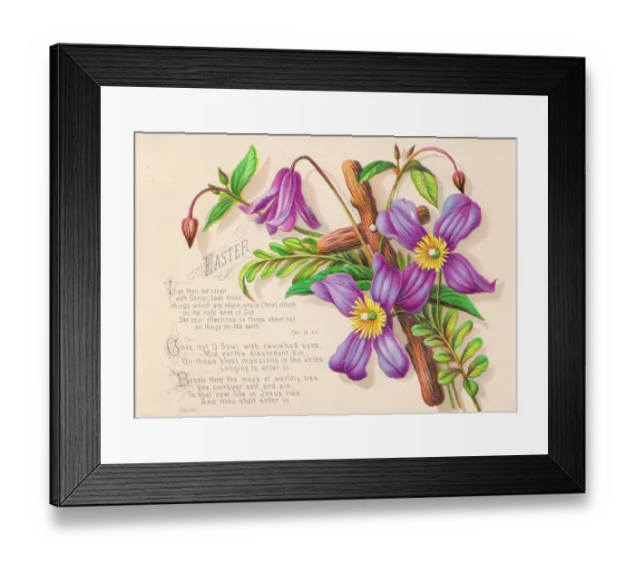 Framed Print : Purple flowers and a cross on an Easter card Framed Print : Purple flowers and a cross on an Easter card