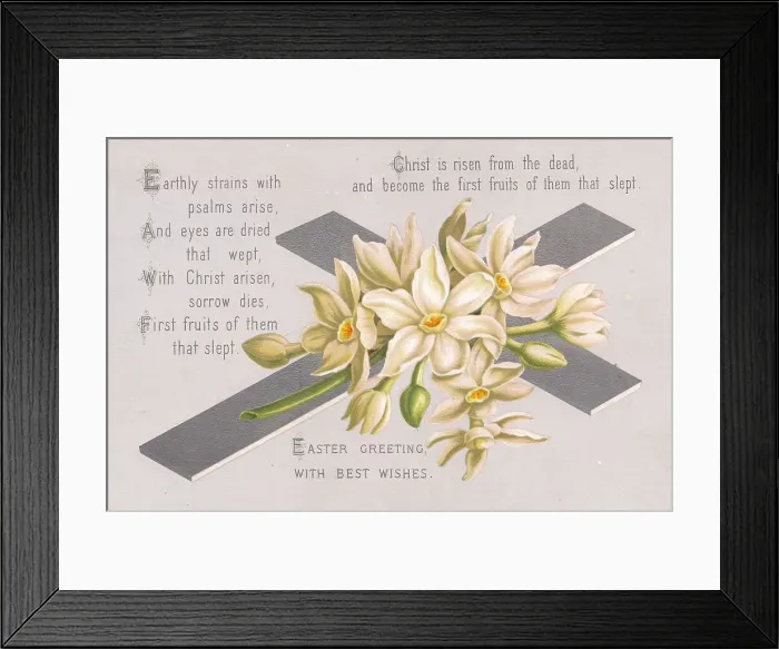 Framed Print : White flowers and a silver cross on an Easter card Framed Print : White flowers and a silver cross on an Easter card