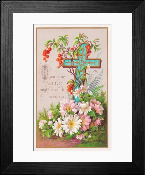 Framed Print : Pink flowers with blue and gold cross on an Easter card Framed Print : Pink flowers with blue and gold cross on an Easter card