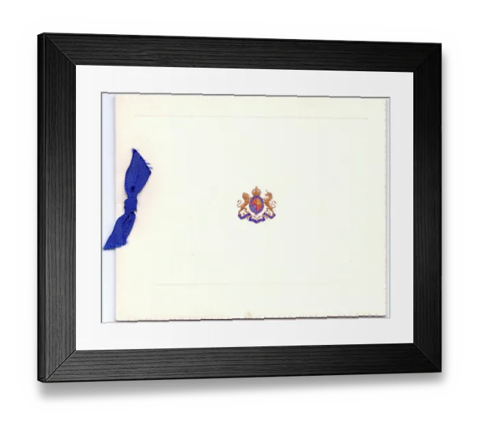 Framed Print : Greetings card with blue ribbon and British coat of arms Framed Print : Greetings card with blue ribbon and British coat of arms