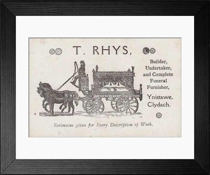 Framed Print : Business card, T Rhys, undertaker, near Swansea, Wales Framed Print : Business card, T Rhys, undertaker, near Swansea, Wales
