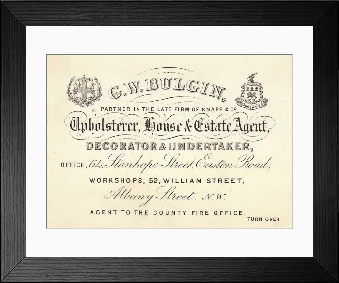 Framed Print : Business card, G W Bulgin, undertaker, London