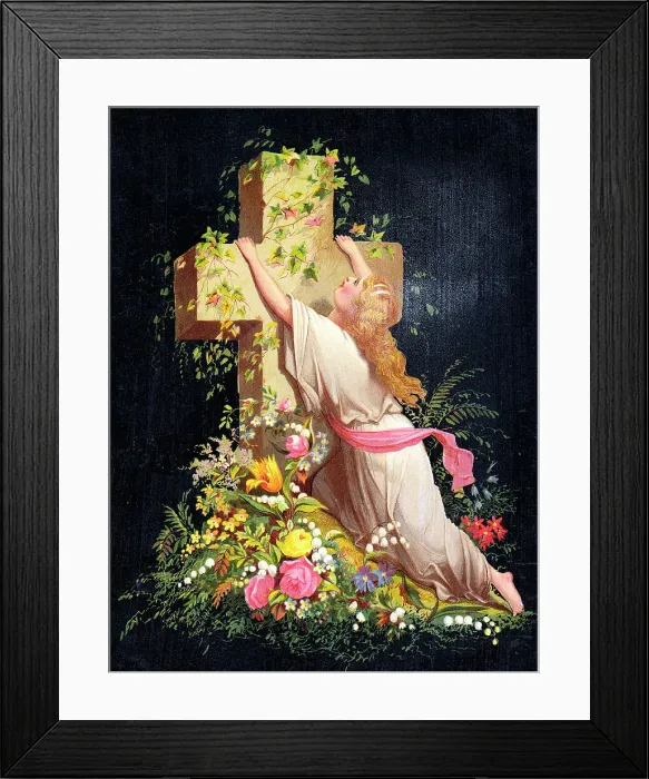 Framed Print : Mourning woman with cross and flowers Framed Print : Mourning woman with cross and flowers