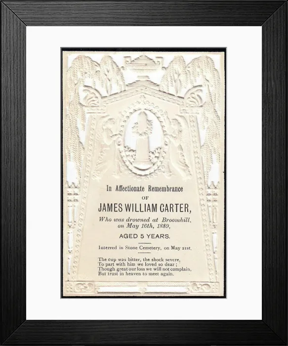 Framed Print : Embossed Victorian mourning card, James William Carter Framed Print : Embossed Victorian mourning card, James William Carter