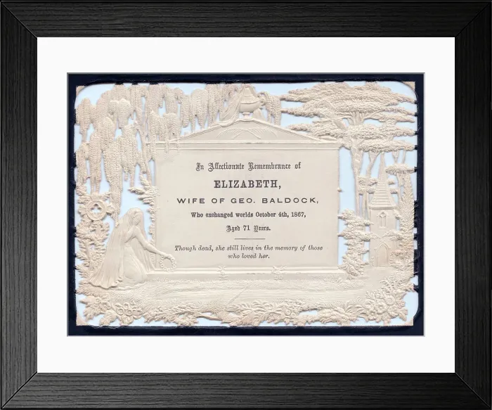 Framed Print : Embossed Victorian mourning card, Elizabeth Baldock Framed Print : Embossed Victorian mourning card, Elizabeth Baldock