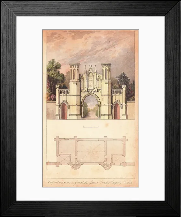 Framed Print : Architect's design, entrance to Highgate Cemetery, London Framed Print : Architect's design, entrance to Highgate Cemetery, London