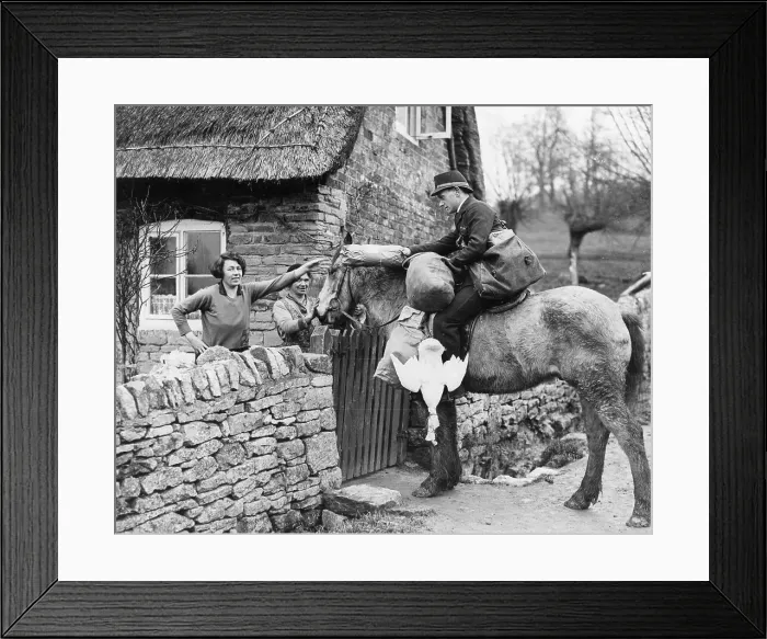 Framed Print : Cotswolds postman delivering parcel, 1938 Framed Print : Cotswolds postman delivering parcel, 1938