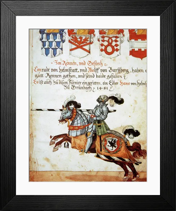 Framed Print : Book of the Tournament. Knight on horseback and armed with s Framed Print : Book of the Tournament. Knight on horseback and armed with s