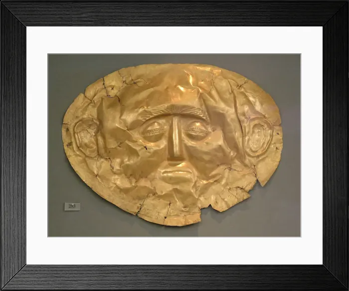 Framed Print : Funerary mask in gold foil embossed. IV Grave Circle A in th Framed Print : Funerary mask in gold foil embossed. IV Grave Circle A in th