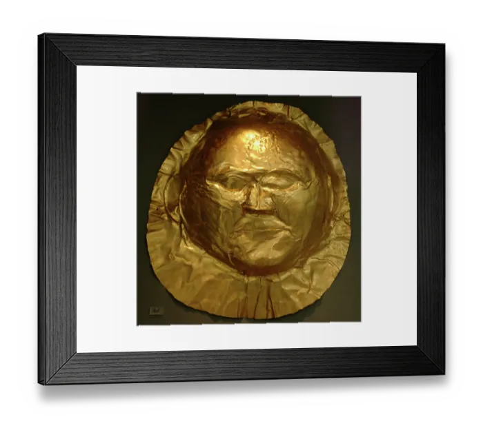 Framed Print : Mycenaean art. Greece. Funerary Mask in gold foil embossing Framed Print : Mycenaean art. Greece. Funerary Mask in gold foil embossing