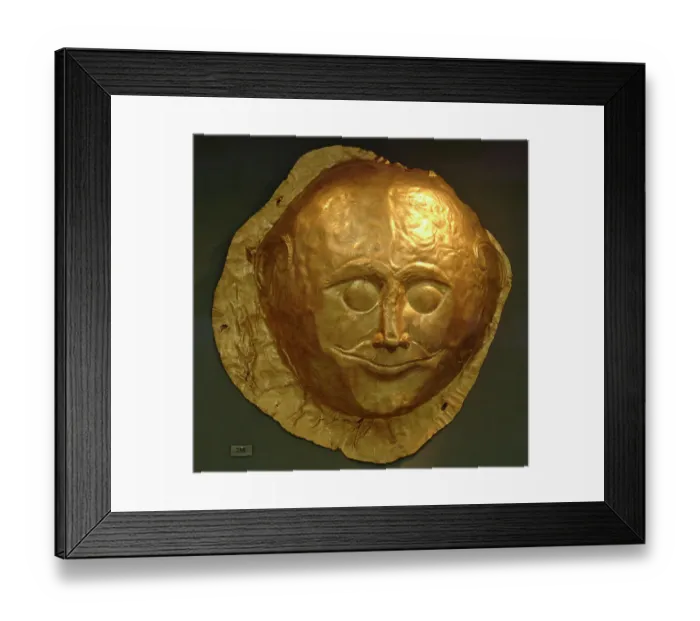 Framed Print : Mycenaean art. Greece. Funerary Mask in gold foil embossing Framed Print : Mycenaean art. Greece. Funerary Mask in gold foil embossing