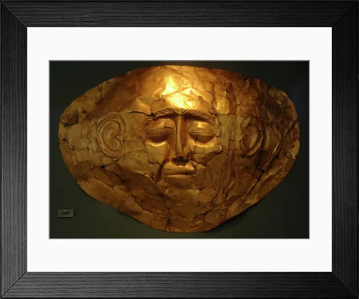 Framed Print : Mycenaean art. Greece. Funerary Mask in gold foil embossing Framed Print : Mycenaean art. Greece. Funerary Mask in gold foil embossing