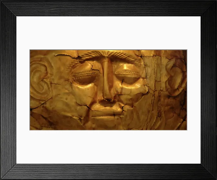 Framed Print : Mycenaean art. Greece. Funerary Mask in gold foil embossing Framed Print : Mycenaean art. Greece. Funerary Mask in gold foil embossing