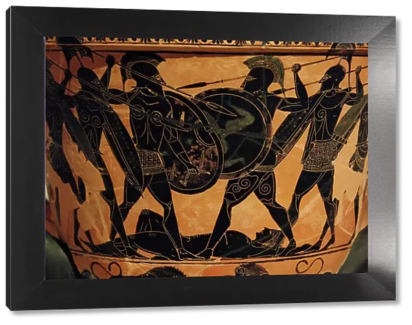 Greek art. Attic krater painted with black figures represent
