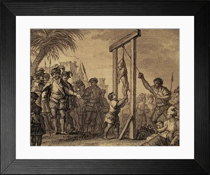Framed Print : Quaker's group hanging a dog condemned by warlock. Engraving Framed Print : Quaker's group hanging a dog condemned by warlock. Engraving