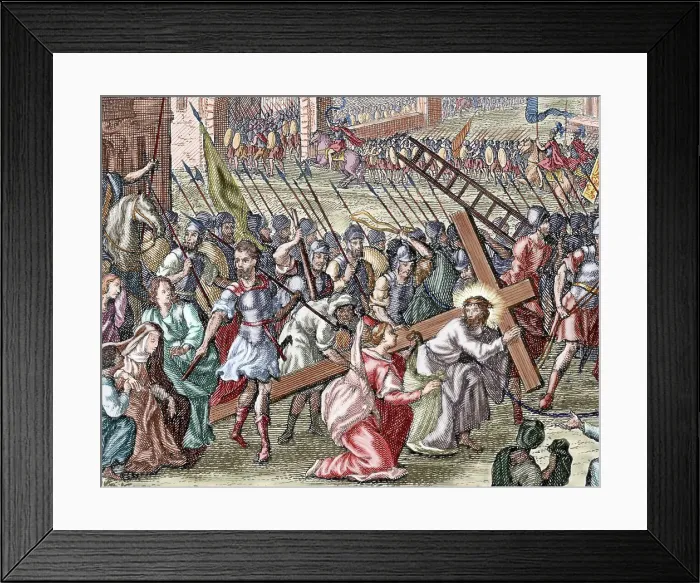 Framed Print : The mockery of the people and soldiers to Jesus. Colored eng Framed Print : The mockery of the people and soldiers to Jesus. Colored eng