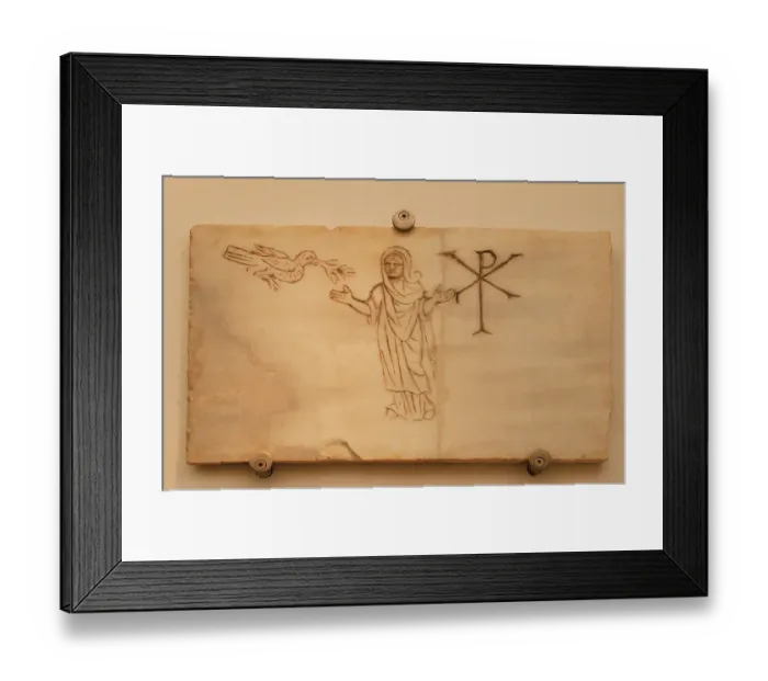 Framed Print : Roman tombstone with Christian iconography. Representation w Framed Print : Roman tombstone with Christian iconography. Representation w