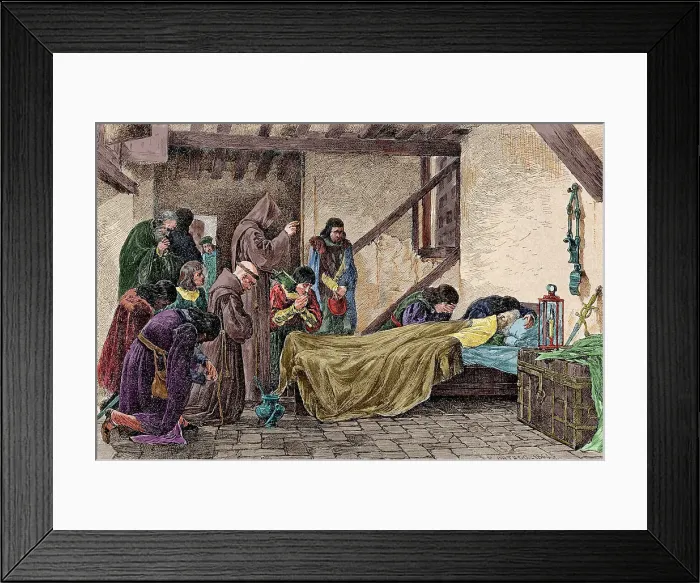 Framed Print : Death of Christopher Columbus (1451-1506). Colored engraving Framed Print : Death of Christopher Columbus (1451-1506). Colored engraving
