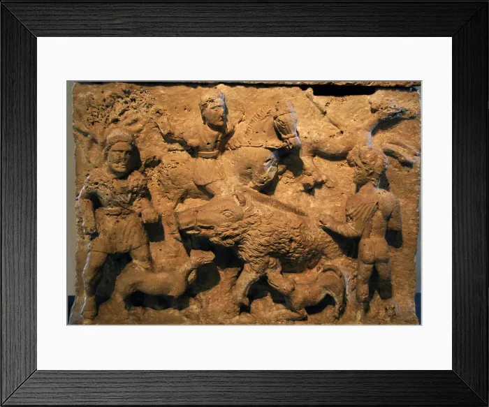 Framed Print : Etruscan Art. Italy. Travertine's sarcophagus-urn. Boar hunt Framed Print : Etruscan Art. Italy. Travertine's sarcophagus-urn. Boar hunt