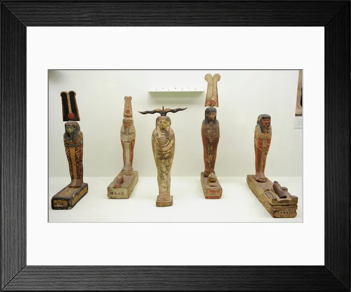Framed Print : Wooden statuettes depicting Gods Ptah, Osiris and Seker bird Framed Print : Wooden statuettes depicting Gods Ptah, Osiris and Seker bird