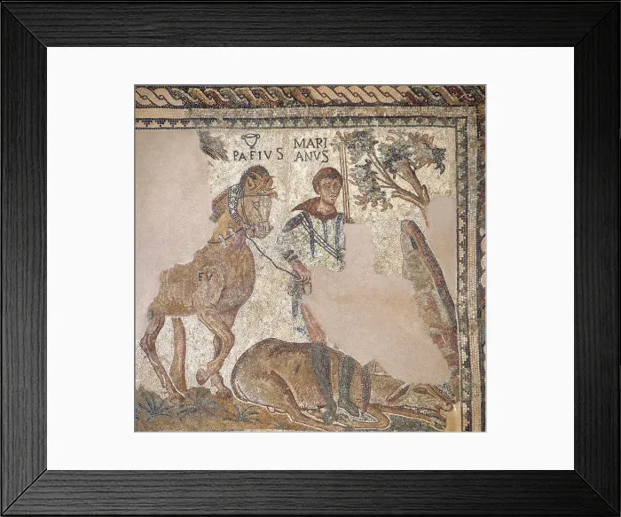 Framed Print : Roman mosaic. Hunter with dead deer. Merida (Augusta Emerita) Framed Print : Roman mosaic. Hunter with dead deer. Merida (Augusta Emerita)