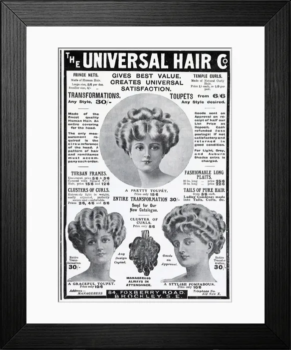 Framed Print : Advertisement for extensions made from finest quality human hair. Date: 1910 Framed Print : Advertisement for extensions made from finest quality human hair. Date: 1910