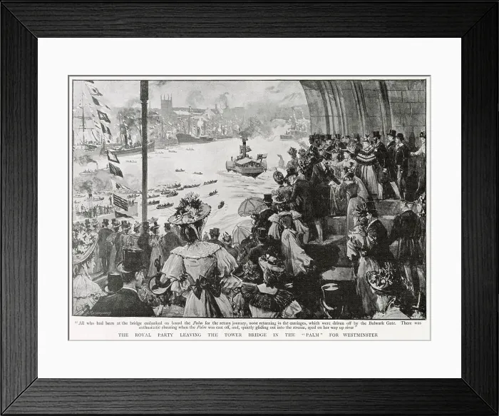Framed Print : The Royal party leaving Tower Bridge for their return journey for Westminster. Date: 30th June 1894 Framed Print : The Royal party leaving Tower Bridge for their return journey for Westminster. Date: 30th June 1894