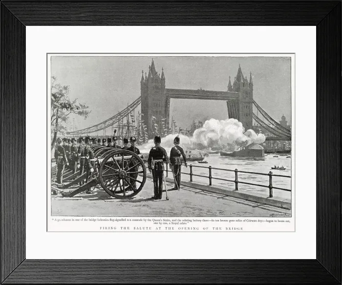 Framed Print : Firing the salute at the opening of Tower Bridge, London. Date: 30th June 1894 Framed Print : Firing the salute at the opening of Tower Bridge, London. Date: 30th June 1894