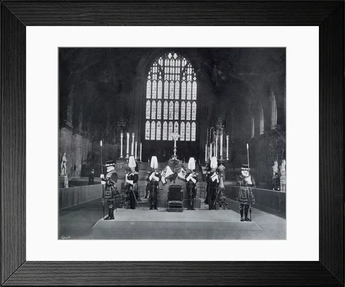 Framed Print : Edward VII's coffin in Westminster Hall london, on a raised platform to allow the public to pay their respects. Date: May 1910 Framed Print : Edward VII's coffin in Westminster Hall london, on a raised platform to allow the public to pay their respects. Date: May 1910