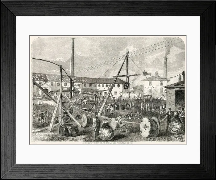 Framed Print : Messrs Glasse and Elliott's Atlantic Telegraph Cable Works yard at East Greenwich, London. The 1, 250 tons of telegraphic cable being laid out in five coils to go on-board the H. M. S. Agamemnon ship. Date: 1857 Framed Print : Messrs Glasse and Elliott's Atlantic Telegraph Cable Works yard at East Greenwich, London. The 1, 250 tons of telegraphic cable being laid out in five coils to go on-board the H. M. S. Agamemnon ship. Date: 1857