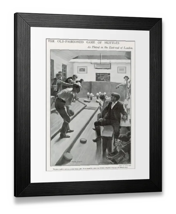 Framed Print : Men playing Skittles inside in the East End, London pub. Date: 1903 Framed Print : Men playing Skittles inside in the East End, London pub. Date: 1903