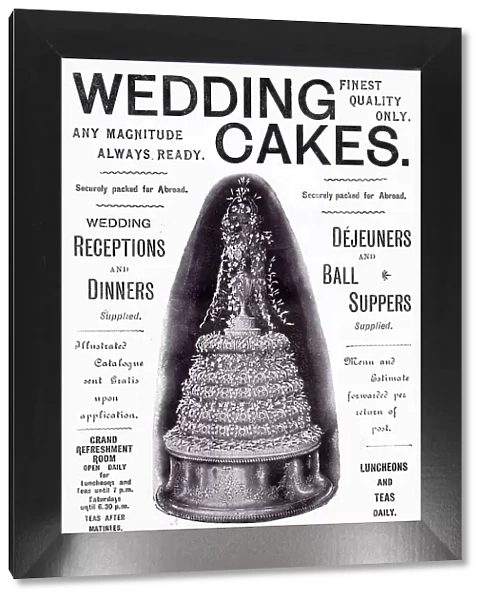 Advertisement ornate wedding cake. Date: 1910